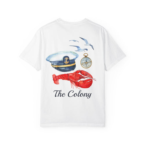 The Lobster New England T-shirt featuring a captain's hat, compass, lobster, and The Colony text.